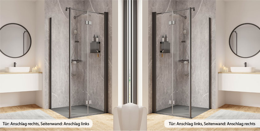 Hier sehen Sie deutlich: Der Griff der Duschtür bzw. die Türöffnung befindet sich links, der Türanschlag ist somit rechts.