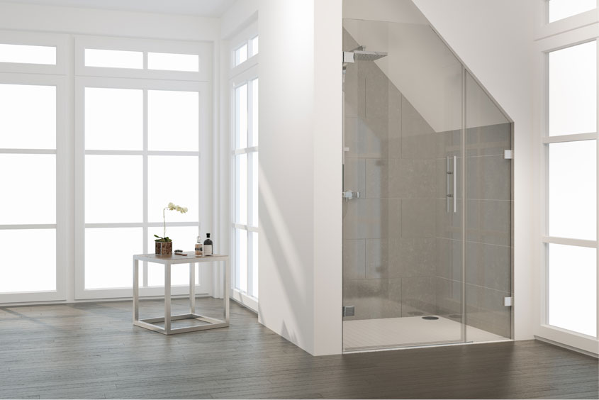 Die Duschen der Davita-Serie sind immer millimetergenaue Sondermaßanfertigungen. Schräg- und Ausschnitte im Glas sind dabei gar kein Problem.